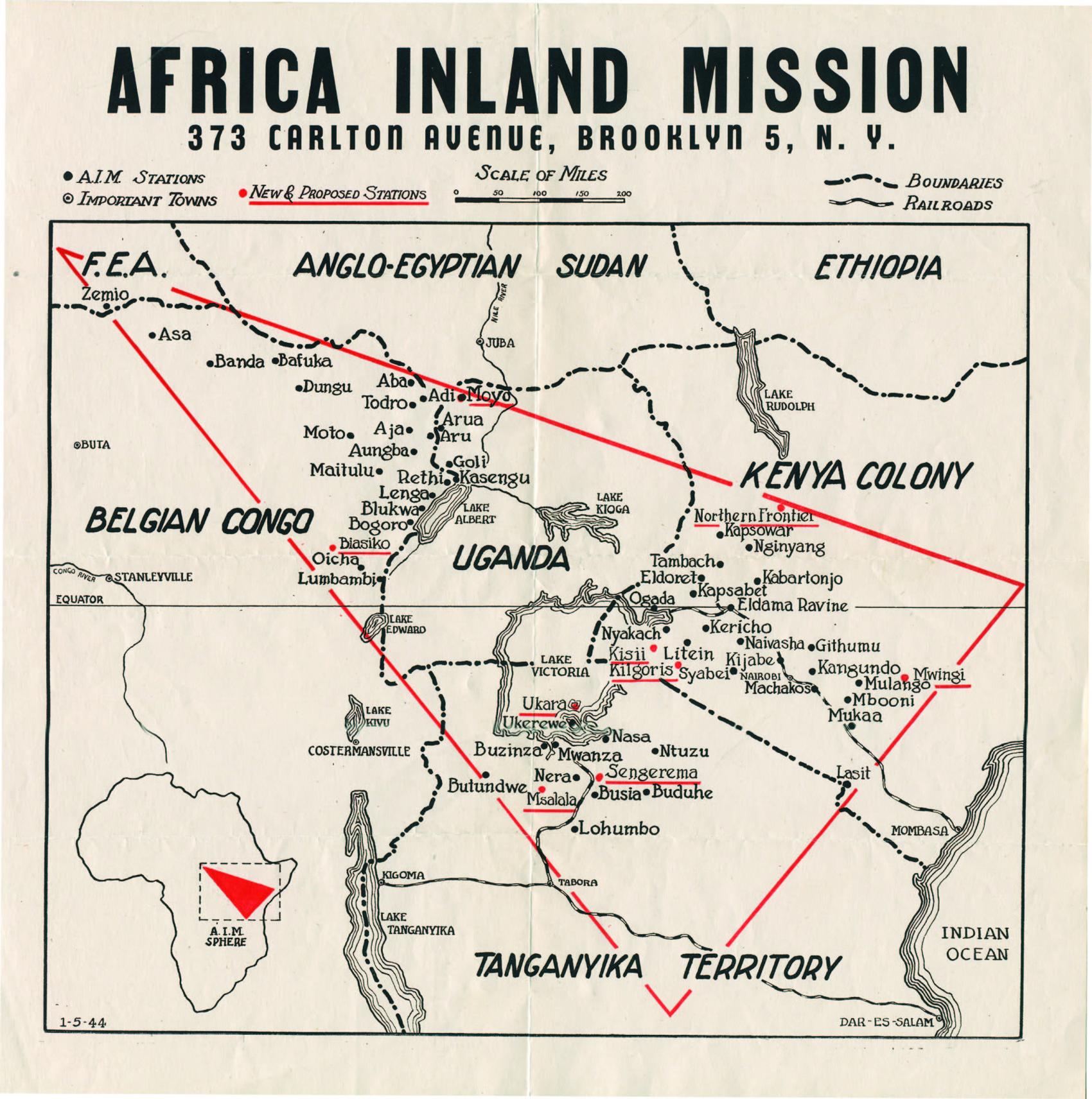 Kaart met het werkgebied van Africa Inland Mission in Oost-Afrika, uitgeven in 1944. Centraal is de missiepost in Litein te zien. [Billy Graham Center Archives, Wheaton, Illinois, VS]