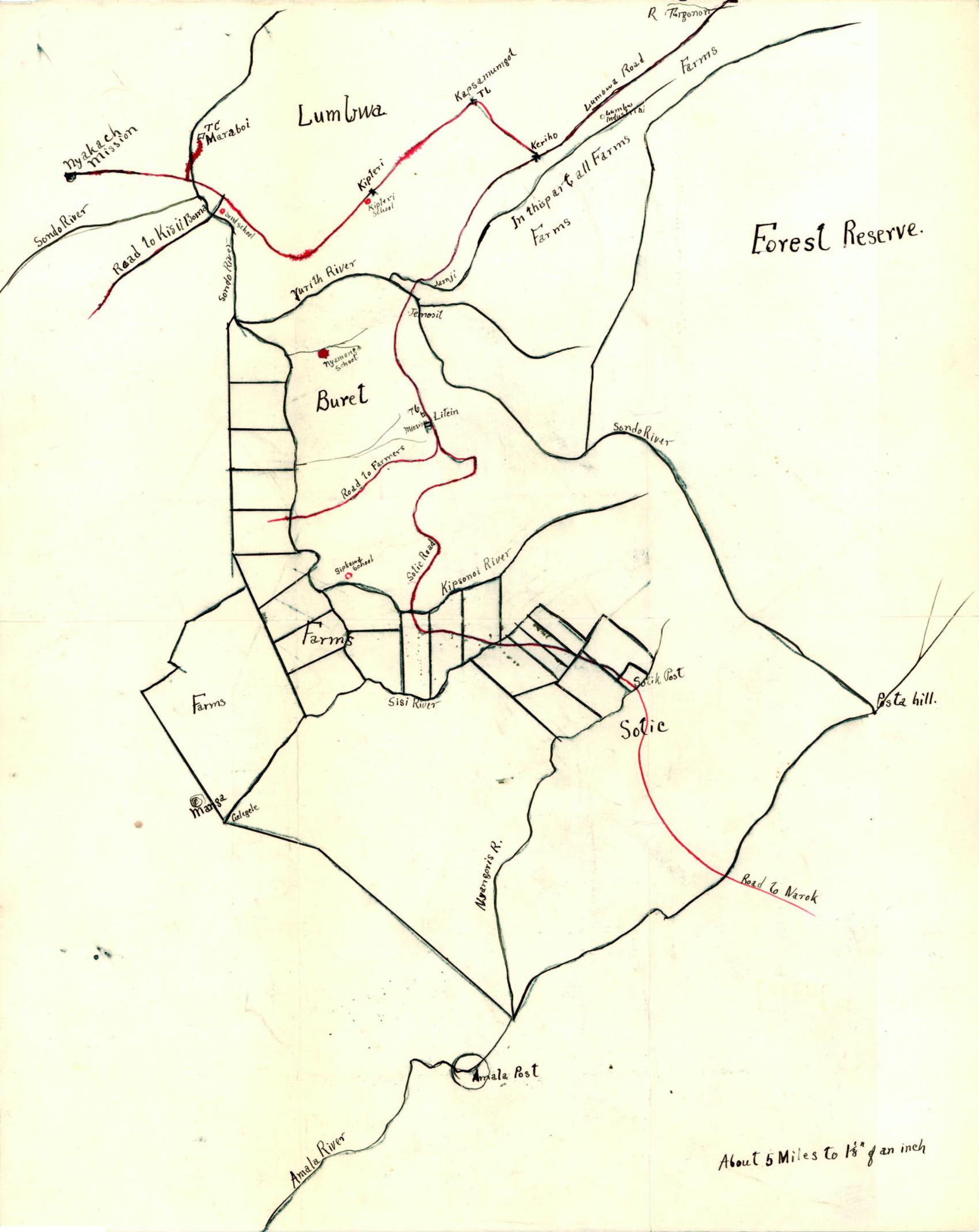 Ongedateerde schets van de omgeving van de missiepost van Africa Inland Mission in Litein, Kenia [[Billy Graham Center Archives, Wheaton, Illinois, VS]