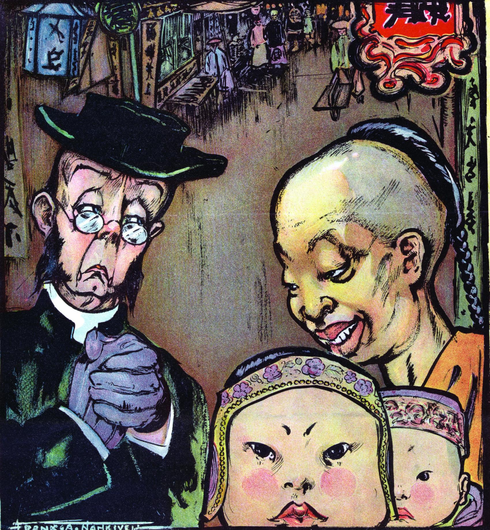 The ultimate cause (1900), een illustratie door de Australische cartoonist Frank Arthur Nankivell (1869-1959) van een Chinese vrouw met twee kinderen in gesprek met een Amerikaanse missionaris.