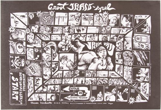 Prent waarop een bordspel staat afgebeeld met verwijzingen naar de toestand in Iran, uitgegeven in 1976 door het Vlaamse Irankomitee samen met de Organization of the Democratic Youth and Students of Iran (Amsab-ISG)
