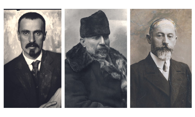 Drie hoofdrolspelers in de geschiedenis van Georgië begin 20e eeuw. V.l.n.r.: Irakli Tsereteli, Niko Tsjcheidze en Noé Zjordania