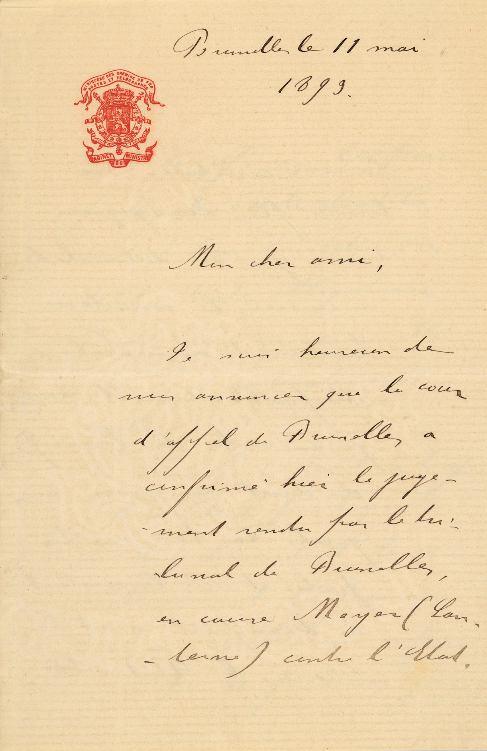 Brief van Jules Vandenpeereboom aan Jules Lammens, waarin hij opgelucht meedeelt dat het hof van beroep van Brussel het ‘immorele karakter’ van het tijdschrift La Lanterne heeft bevestigd (1893)