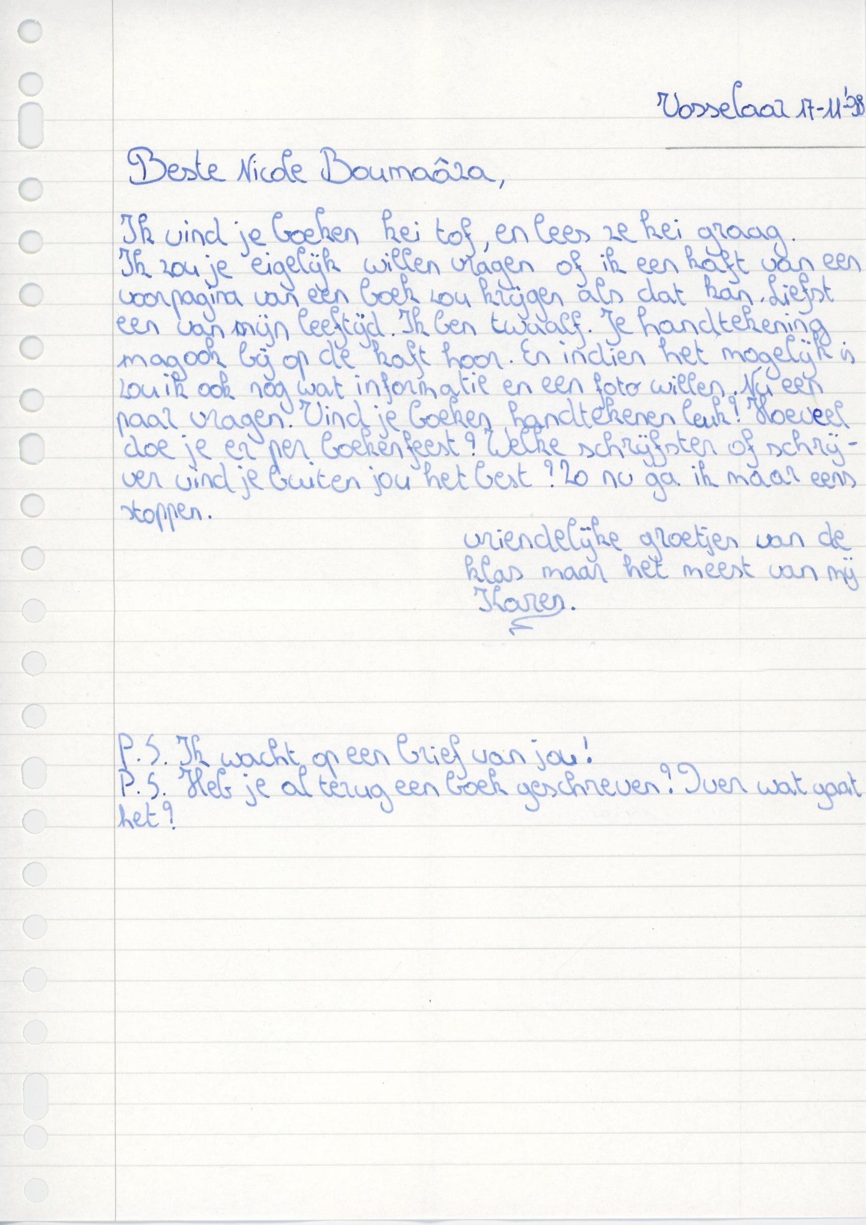 Een van de vele lezersbrieven die Nicole Boumaâza ontving van haar lezers (1998).