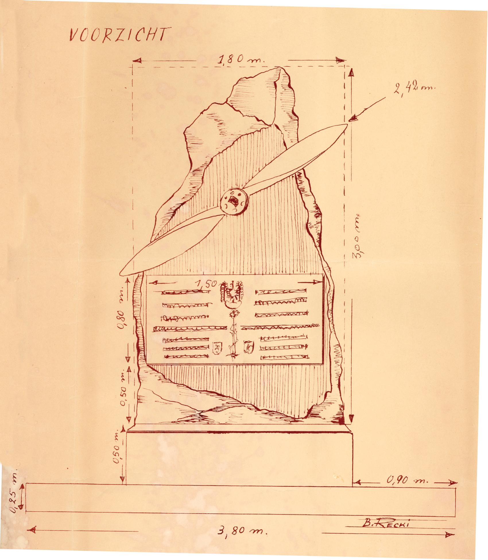 Ontwerptekening van het monument voor de gesneuvelde Poolse piloten in Sint-Denijs-Westrem door veteraan Bronislaw Recki.
