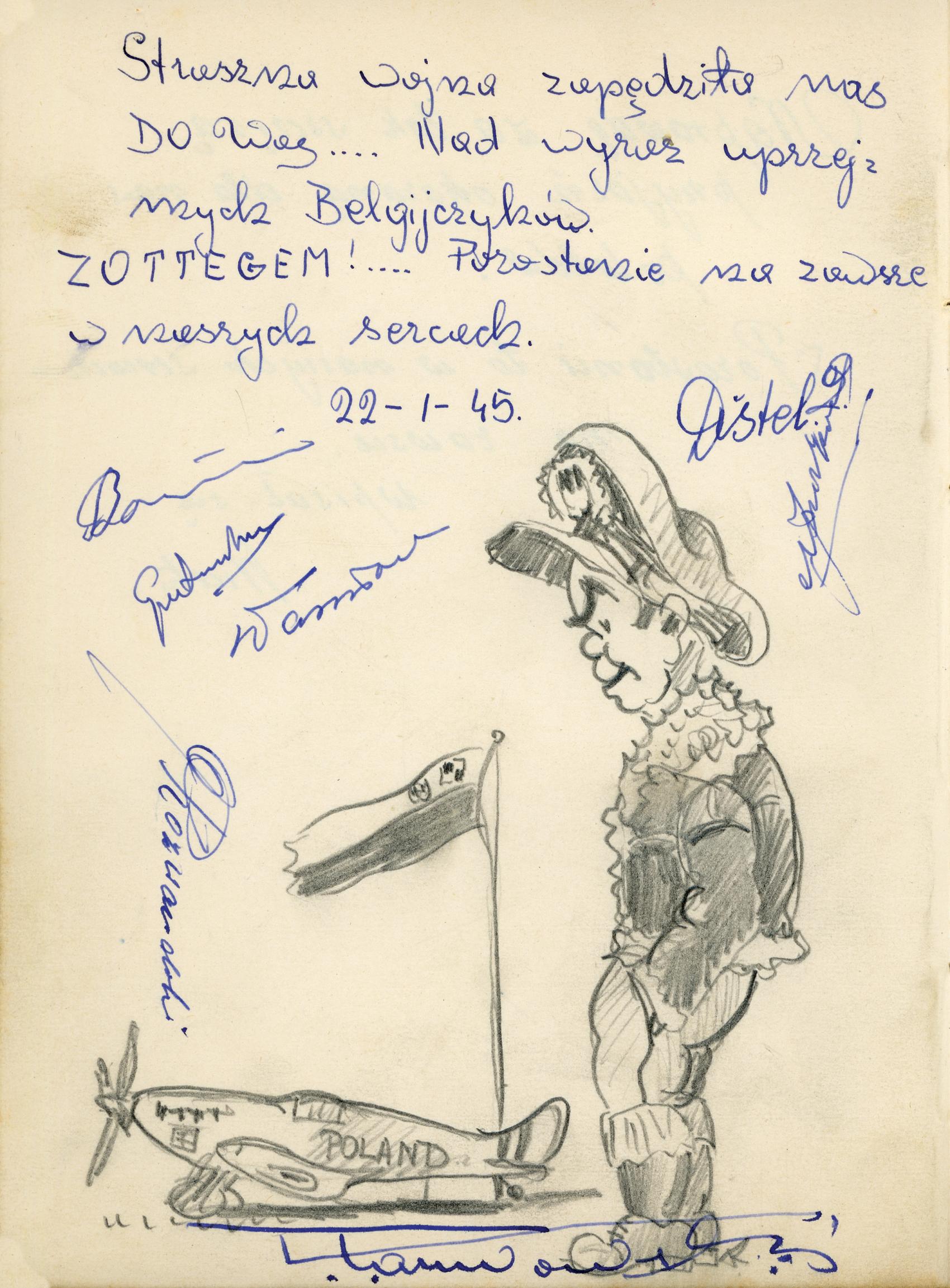 Tekening van een soldaat en gevechtsvliegtuig met opschrift in het Pools: ‘De verschrikkelijke oorlog heeft ons geleid tot bij jullie… Extreem vriendelijke Belgen. Zottegem! … Het blijft voor altijd in onze harten.’ Poolse soldaten lieten deze boodschap achter in het gastenboek van Leopold Bressers, pastoor in Zottegem en broer van Carlos in het jaar 1945
