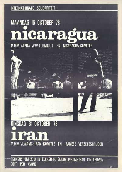 De comités voor solidariteit met Iran zochten geregeld toenadering tot andere organisaties. Deze affiche werd uitgegeven in 1978 voor lezingen georganiseerd door onder meer het Nicaragua Komitee en het Vlaams Irankomitee