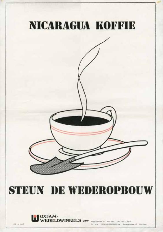 Naast politiek lobbywerk werden ook humanitaire acties opgezet door solidariteitsbewegingen. Deze affiche werd in 1980 uitgegeven door Oxfam-Wereldwinkels voor steun aan de wederopbouw in Nicaragua