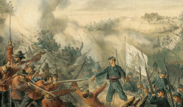 In 1867 brachten de zoeaven, gesteund door Franse troepen, het Italiaanse leger een nederlaag toe nabij Mentana. Lithografie van Mès uitgegeven door Turgis in Parijs omstreeks 1870.