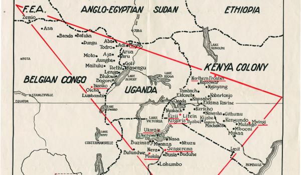 Kaart met het werkgebied van Africa Inland Mission in Oost-Afrika, uitgeven in 1944. Centraal is de missiepost in Litein te zien
