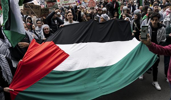 Protesterende menigte met Palestijnse vlag